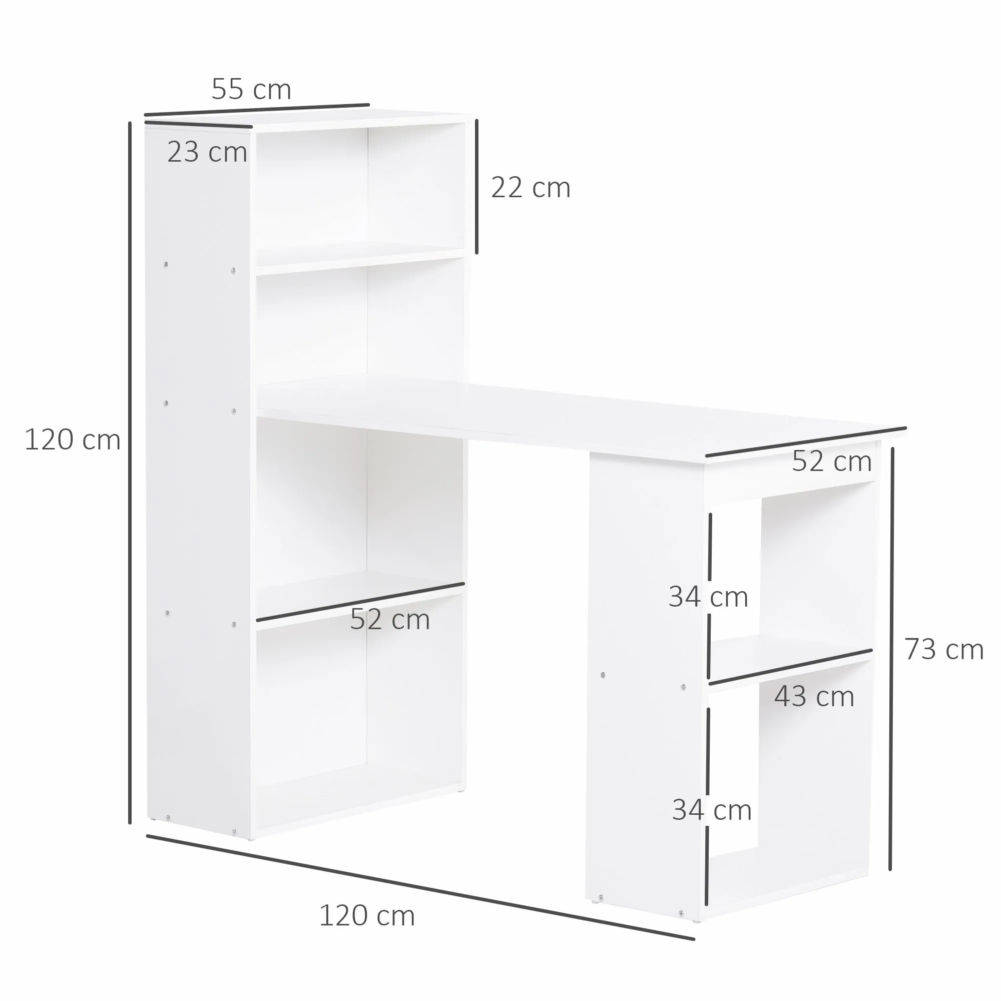 120cm Modern Computer Desk Bookshelf  Writing Table Workstation PC Laptop Study Home Office 6 Shelves White