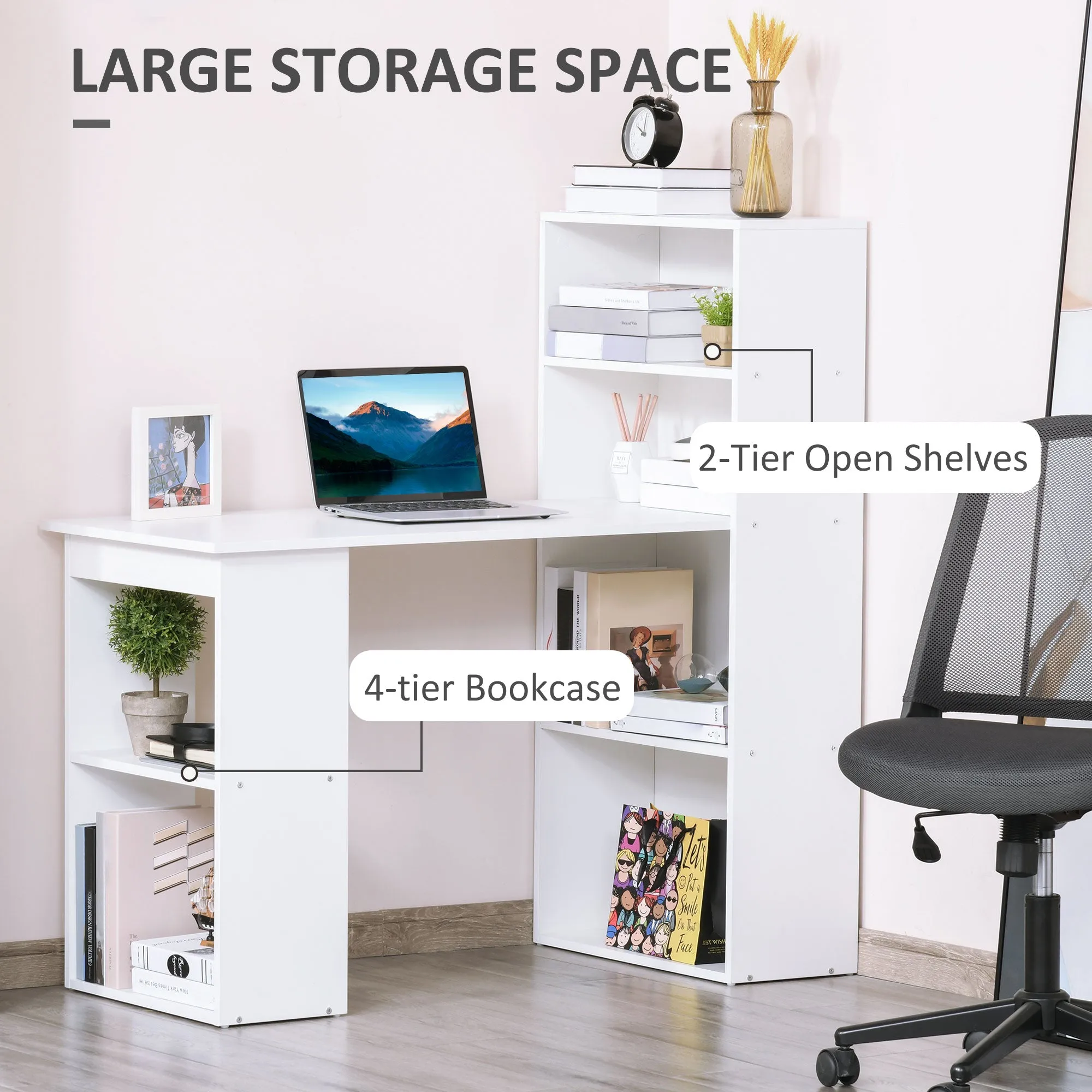 120cm Modern Computer Desk Bookshelf  Writing Table Workstation PC Laptop Study Home Office 6 Shelves White