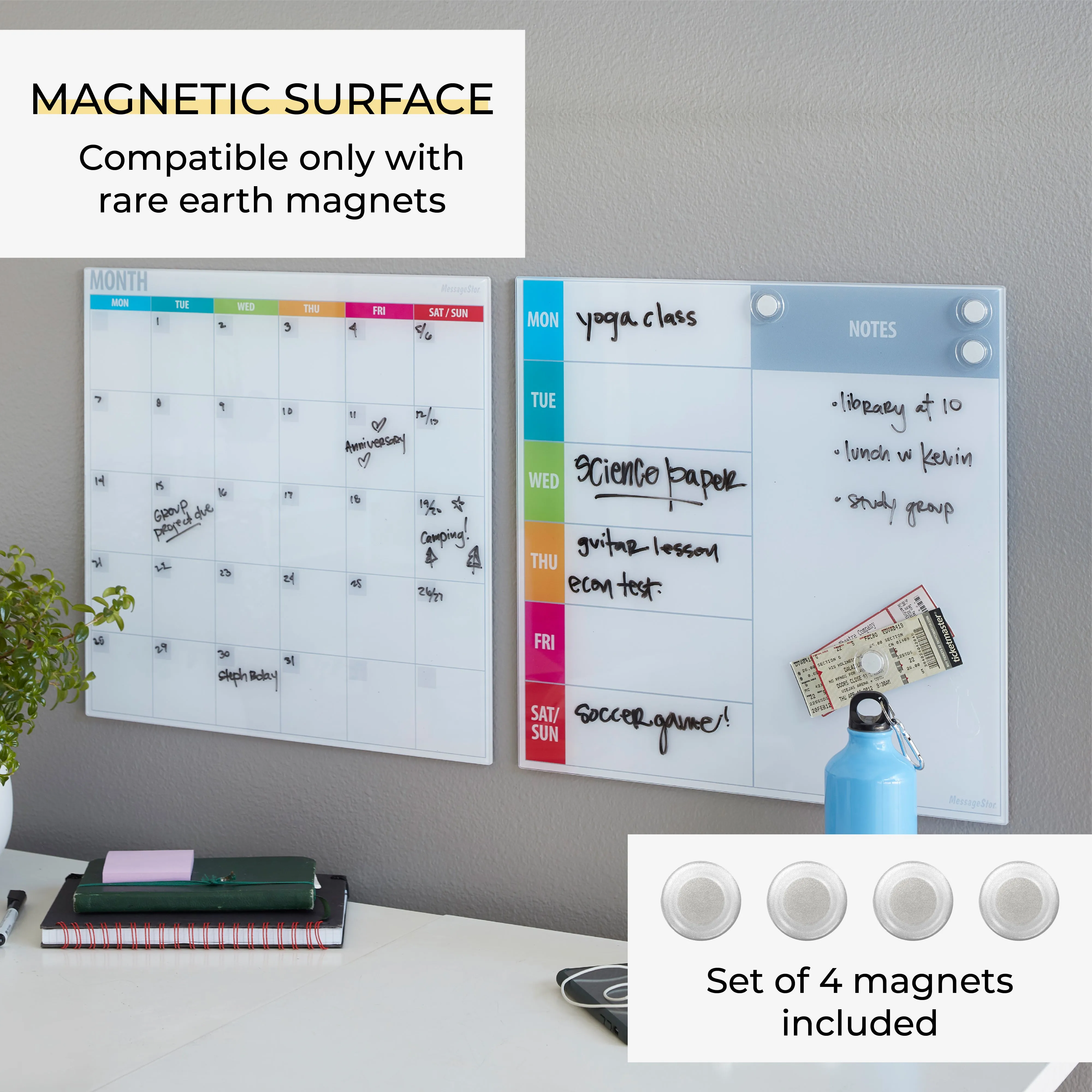 17.5in x 17.5in Magnetic Dry-Erase Glass Boards and 4 Rare Earth Magnets, 2-Pack