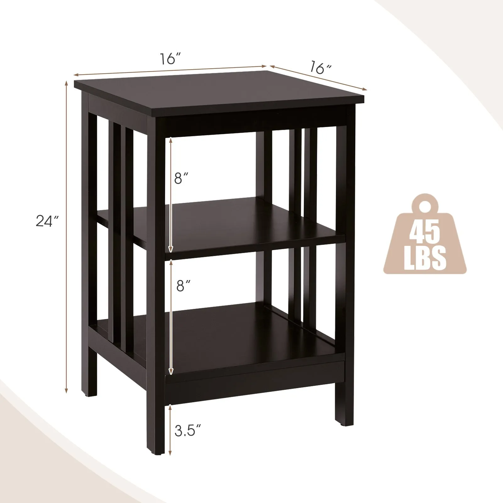 3-Tier Nightstand with Reinforced Bars for Bedroom Living Room Hall Easy Assembly-Espresso