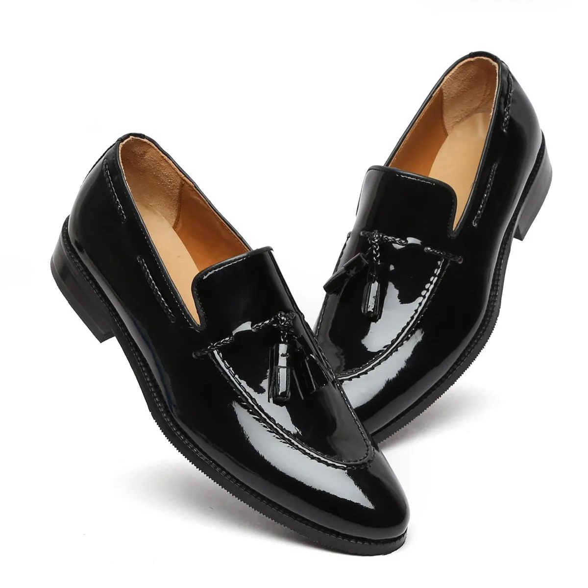 Apron Toe Side Lacing Tassel Loafers in Black Patent Leather By Brune & Bareskin