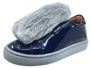 Atlanta Mocassin Girl's and Boy's Patent and Fur Slip-On Step-In Sneakers, Navy Patent/Grey Fur