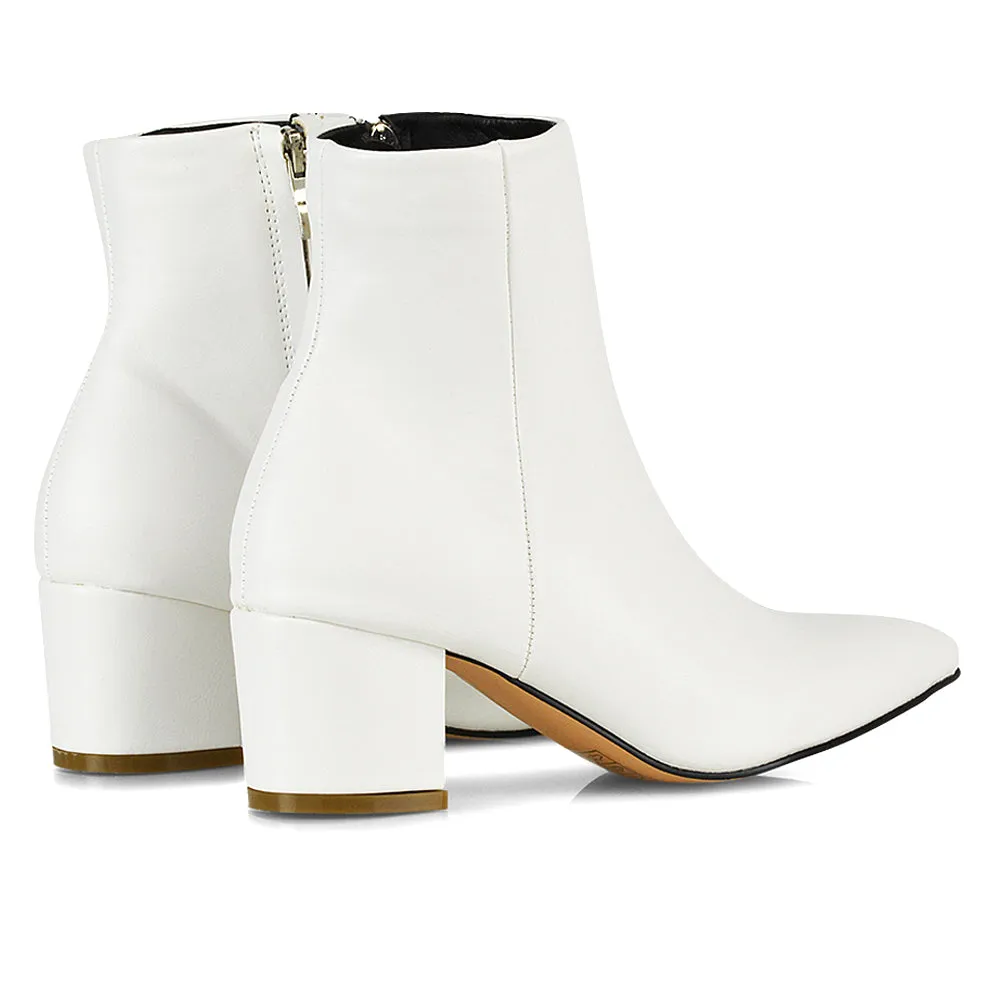 Ayda Pointed Toe inside Zip Detail Low Block Heel Ankle Boots in White Synthetic Leather