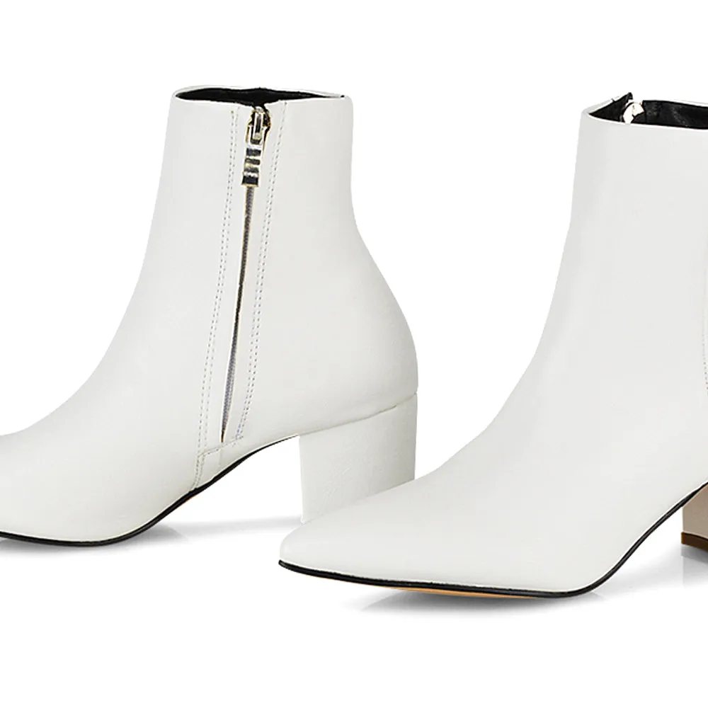 Ayda Pointed Toe inside Zip Detail Low Block Heel Ankle Boots in White Synthetic Leather