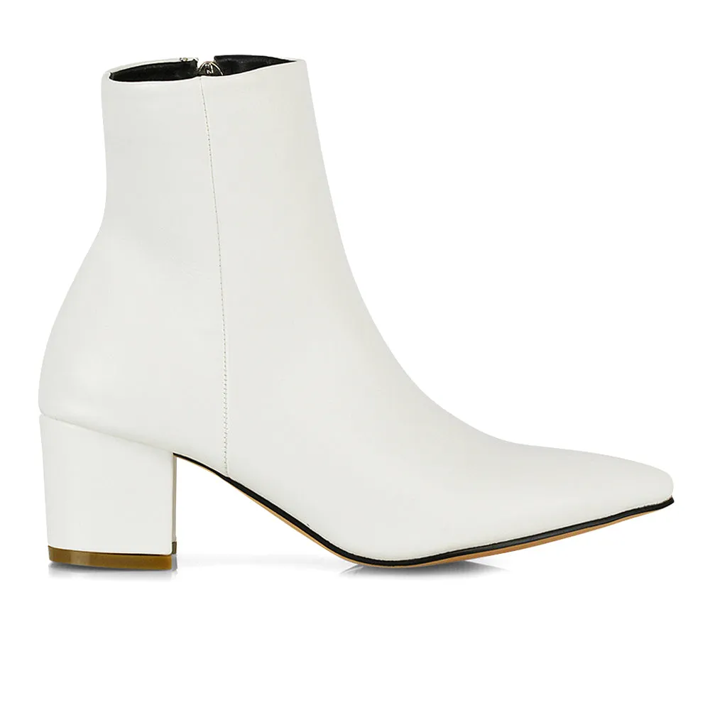 Ayda Pointed Toe inside Zip Detail Low Block Heel Ankle Boots in White Synthetic Leather