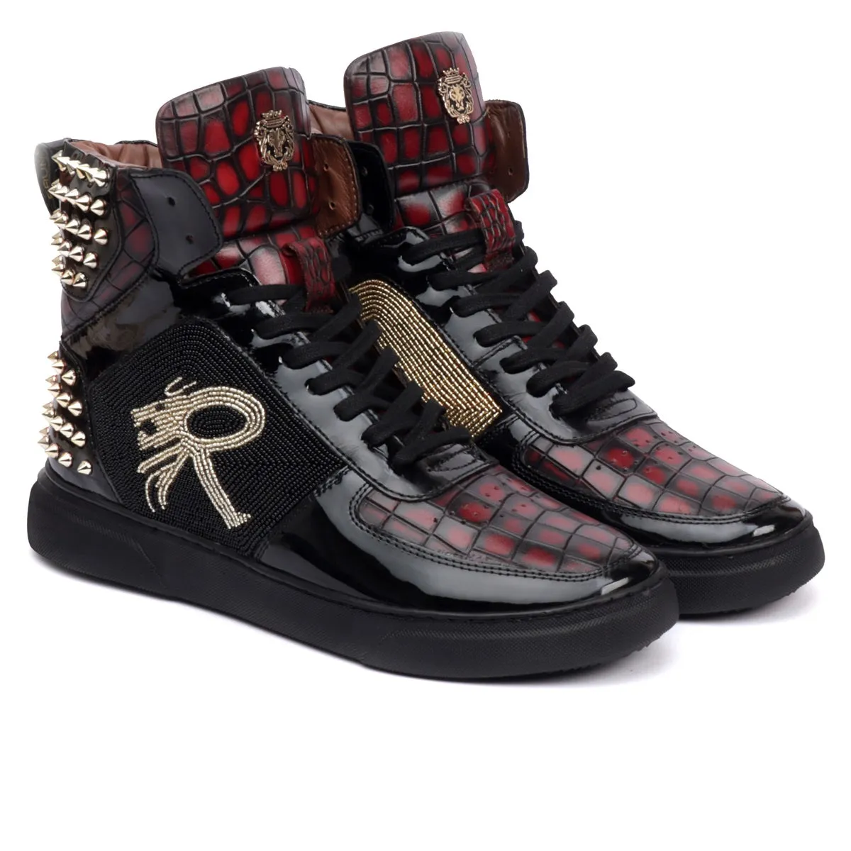 Bespoke Black and Wine Beads Zardosi Black Studded Leather Sneakers by Brune & Bareskin