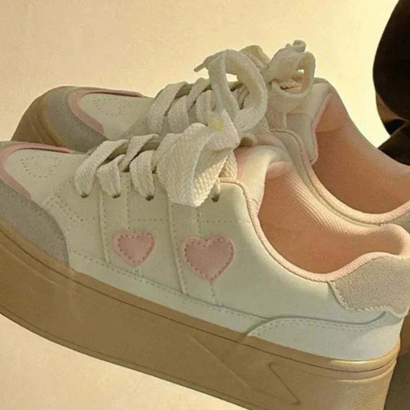 binfenxie  -  Pink Heart Patchwork Sneakers Sweet Korean Style Low-top Womens Sports Shoes Versatile Casual Pu Leather Female Shoes