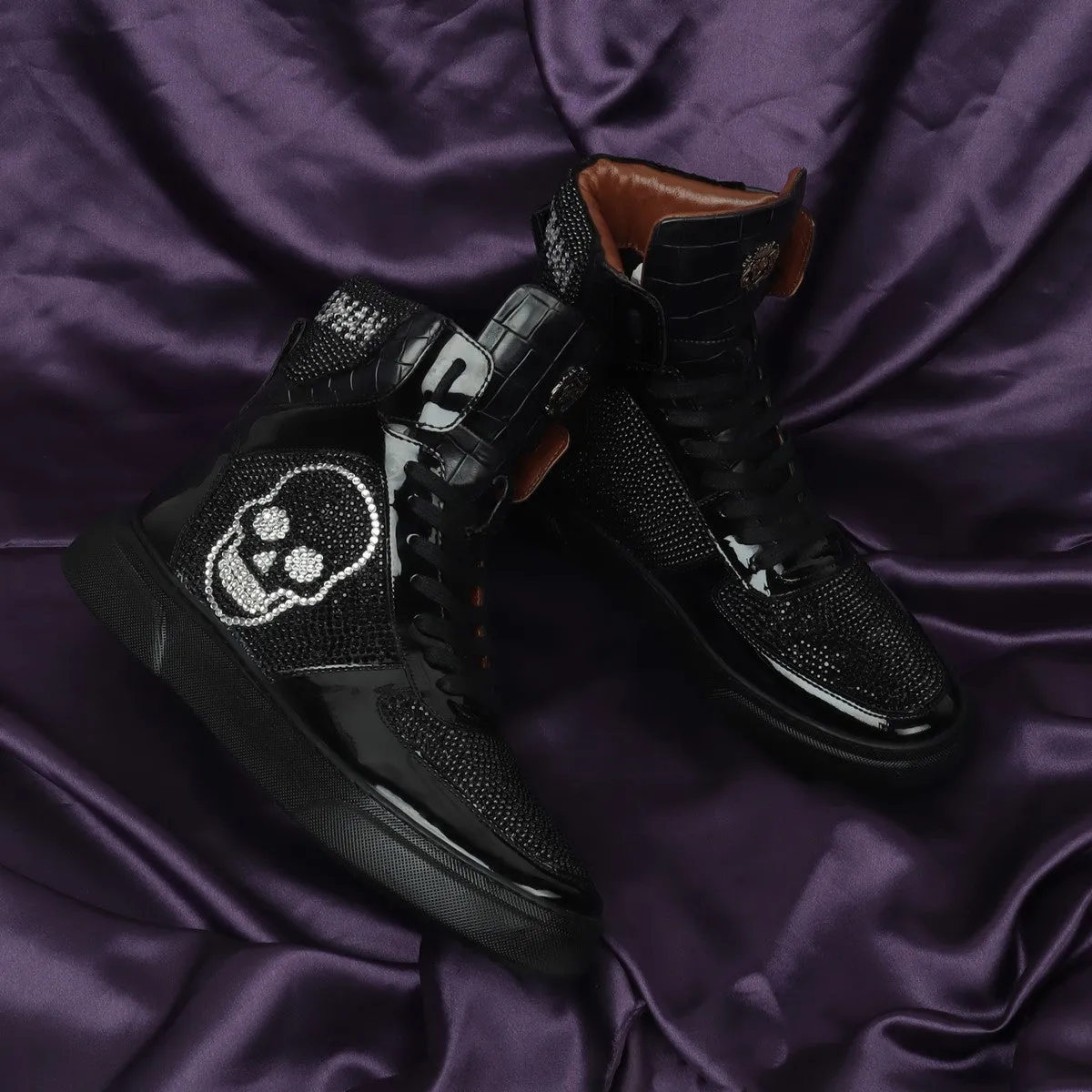 Black and Silver 'Almost Human' Swarovski Crystal Zardosi Patent Leather Sneakers by Brune & Bareskin