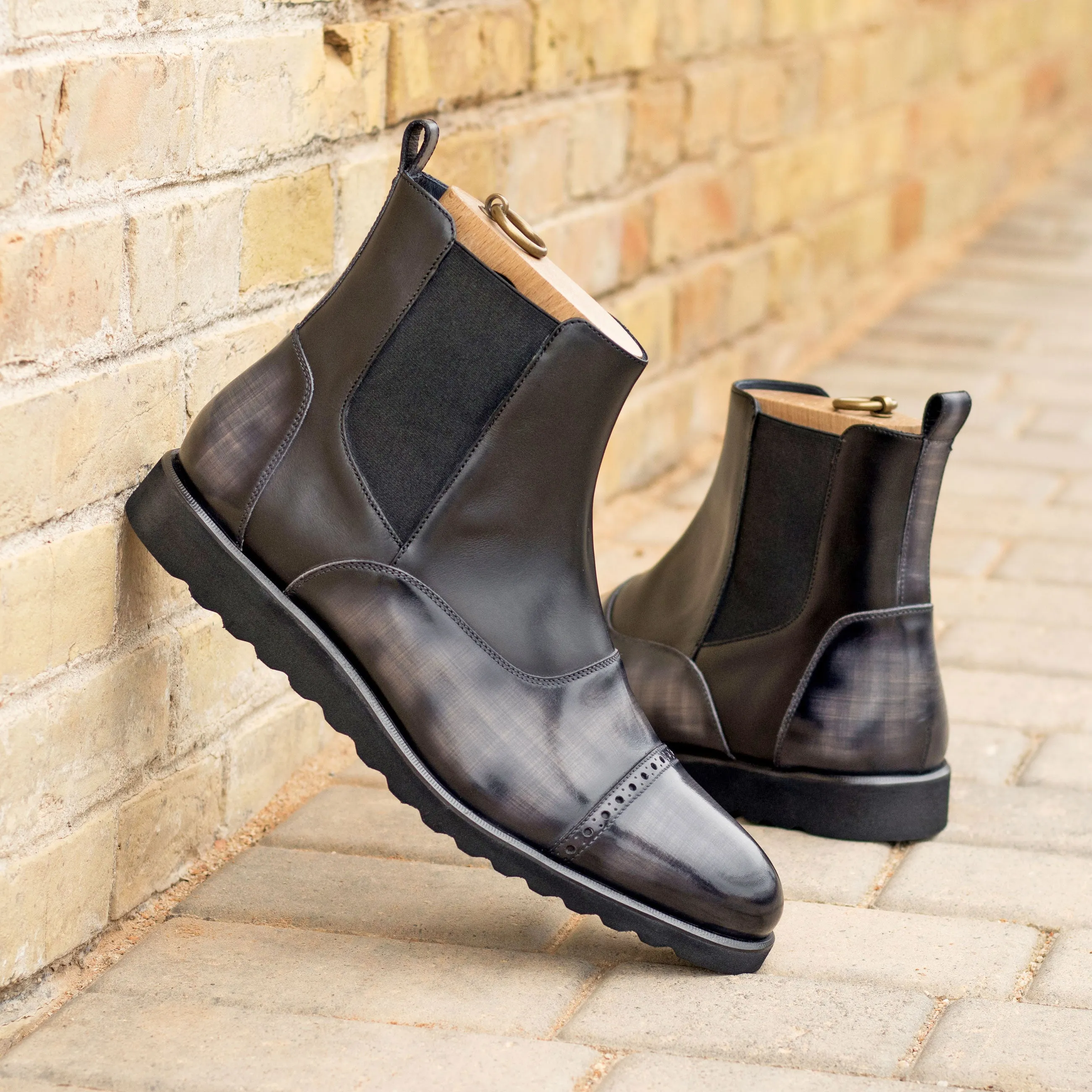 Black Calf & Grey Patina Chelsea Chunky Boots