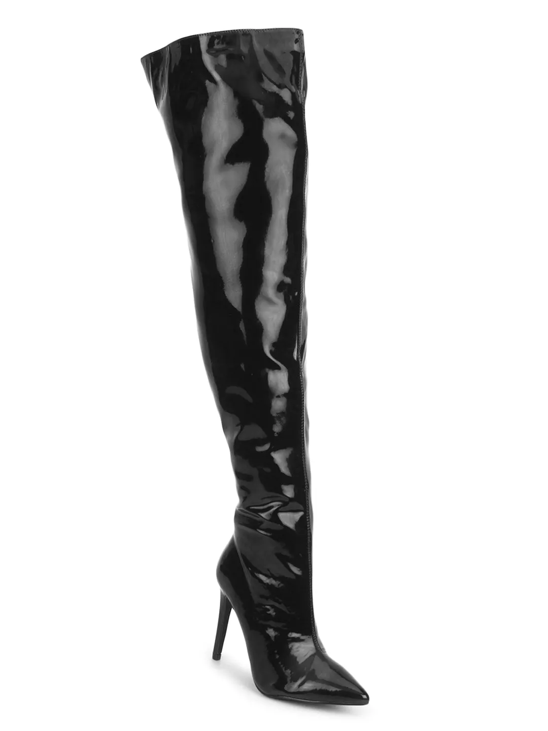 Black Metallic Pointy Toe Long Boots