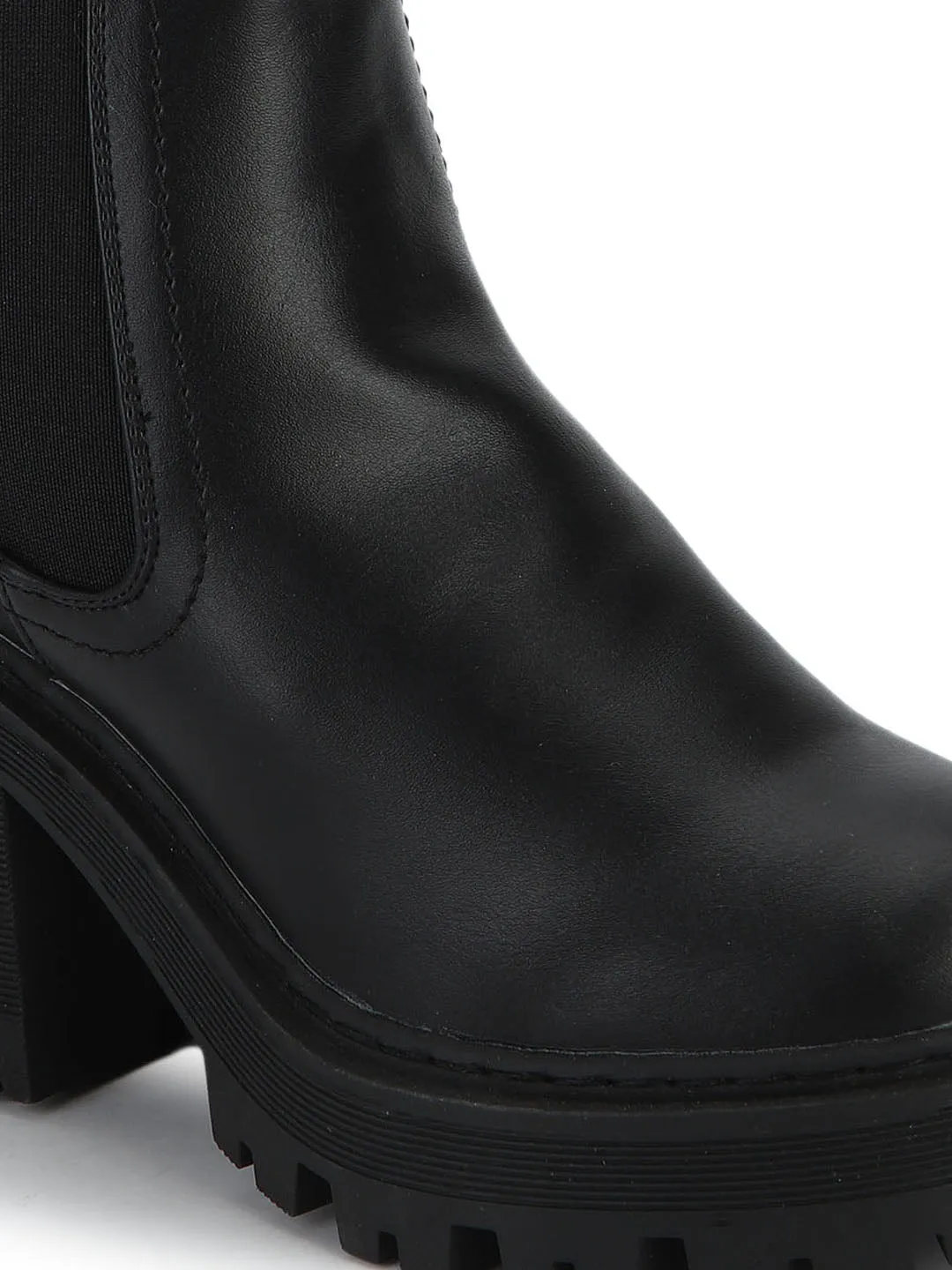 Black PU Cleated Platform Low Block Heel Ankle Boots