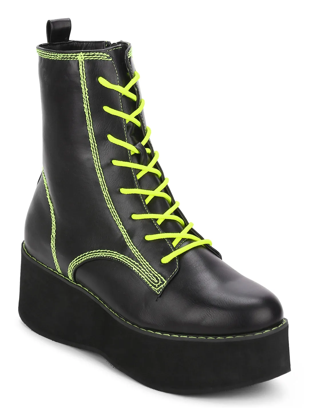 Black PU Green Stitching Flatform Lace-up Ankle Boots