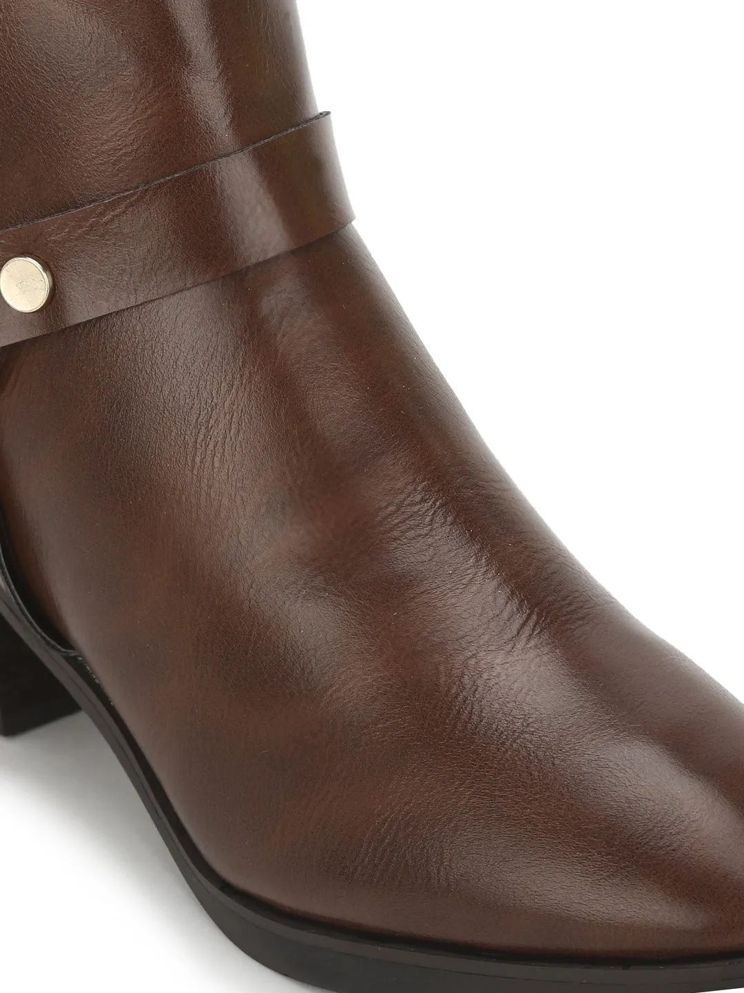 Brown PU Round Buckle Belt Ankle Length Boots