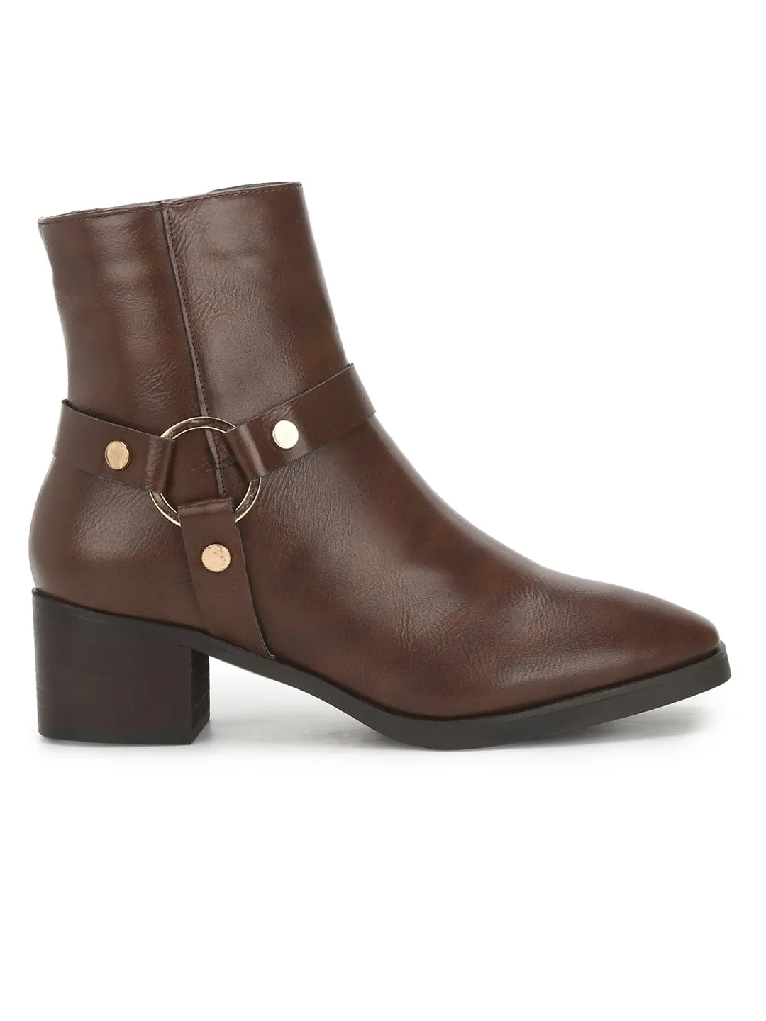 Brown PU Round Buckle Belt Ankle Length Boots