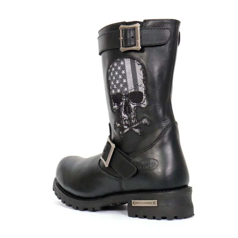 BTM1018 Menâ€™s Black Tall Harness Flag Skull Boot with Round Toe