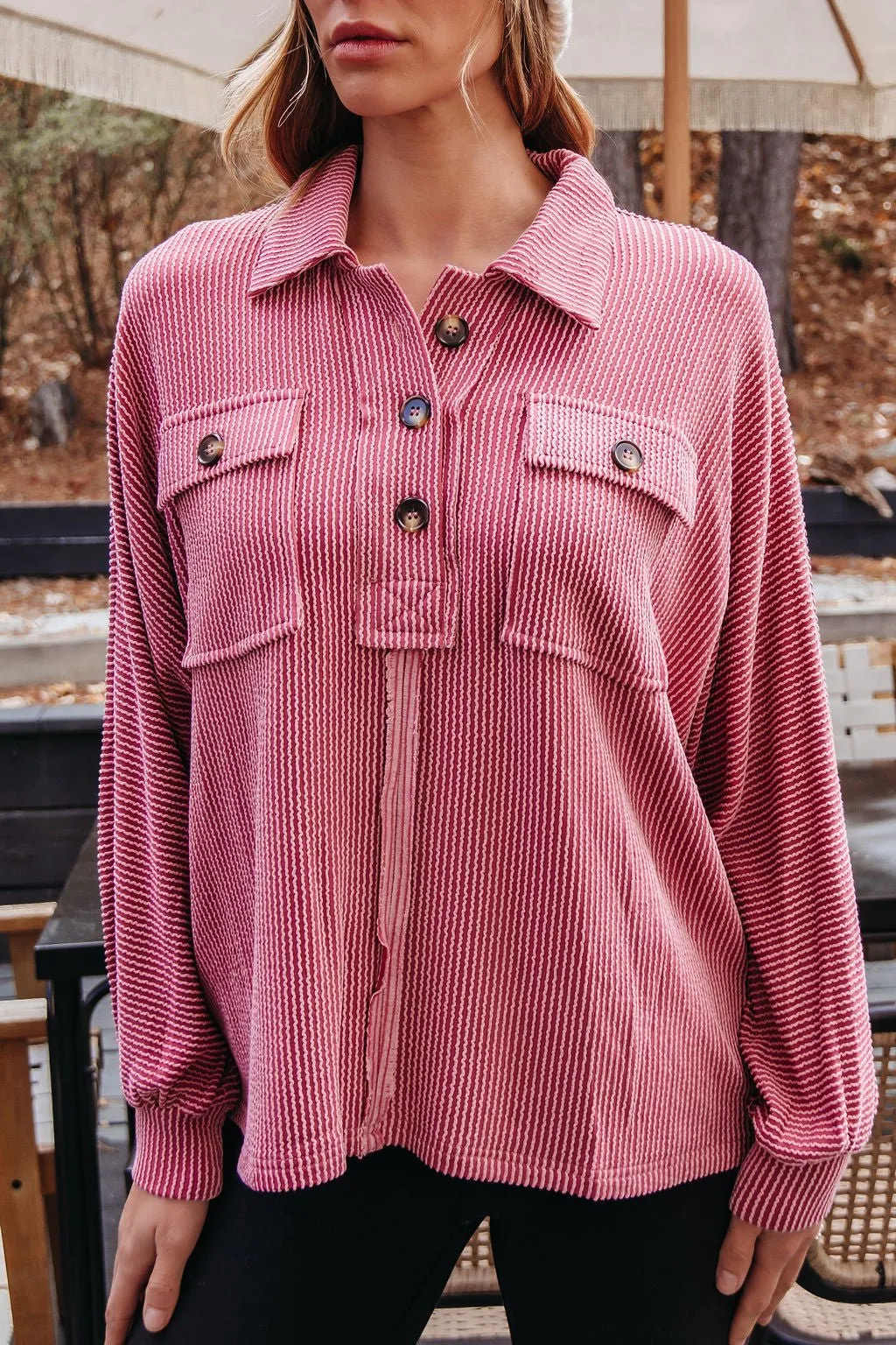 Burgundy Half Button Up Ribbed Pullover