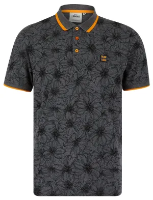 Capulet Cotton Blend Pique Tropical Hawaiian Print Polo Shirt in Dark Shadow Grey - Tokyo Laundry