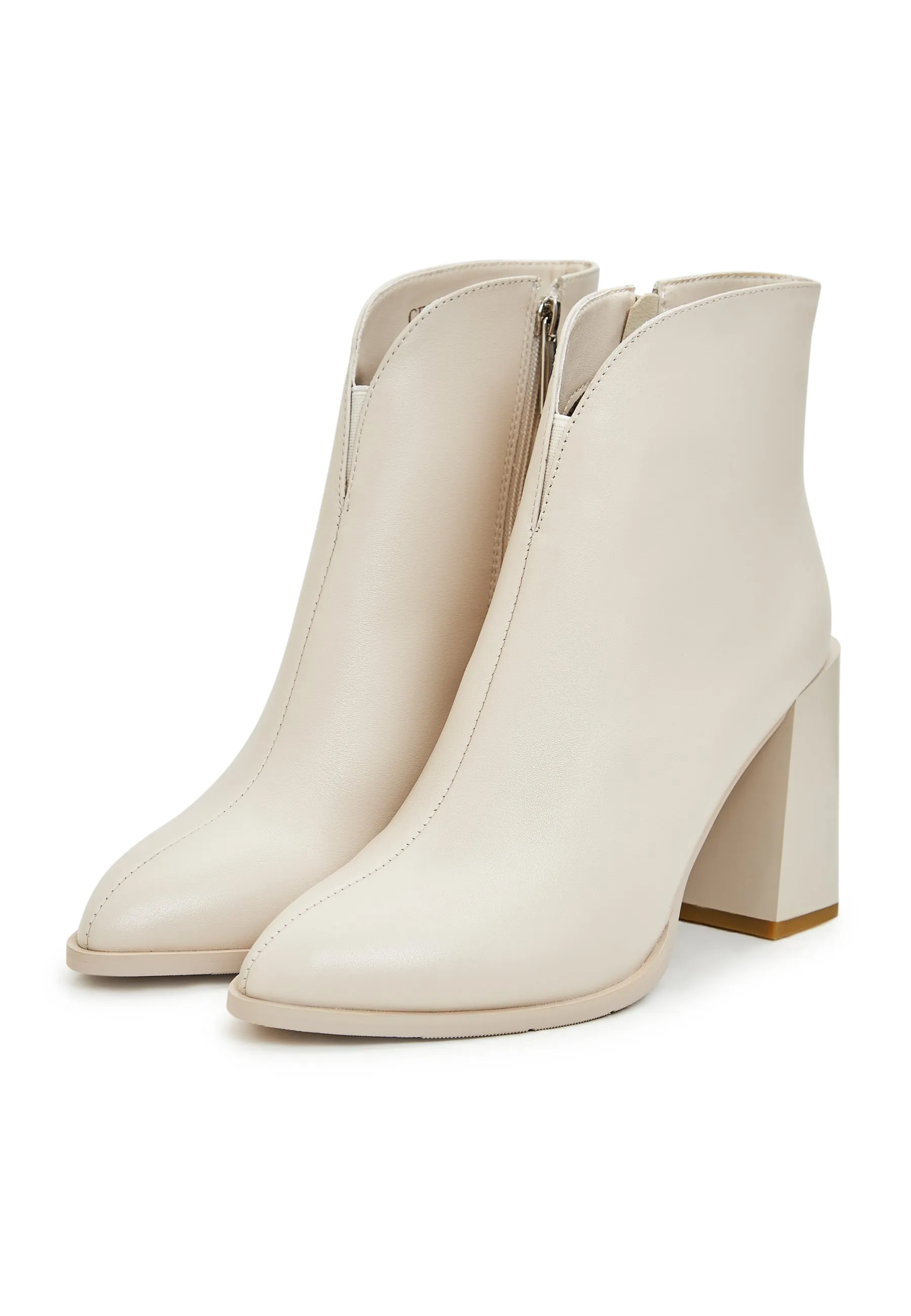 Classic Leather Block Heel Ankle Boots - Beige