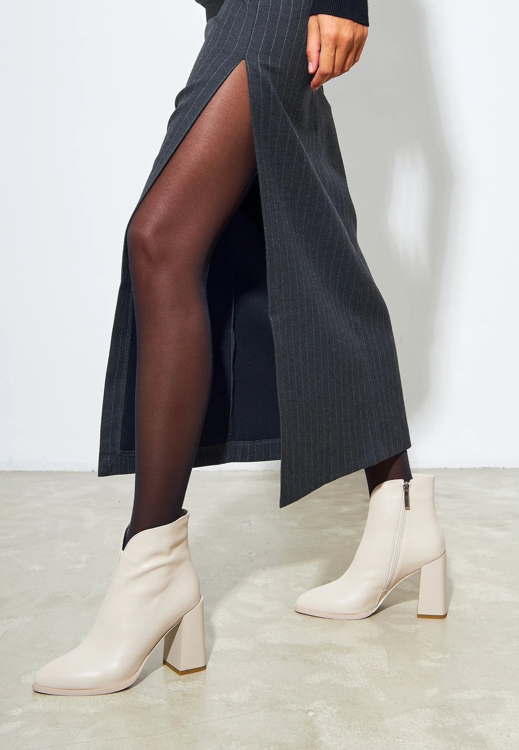 Classic Leather Block Heel Ankle Boots - Beige