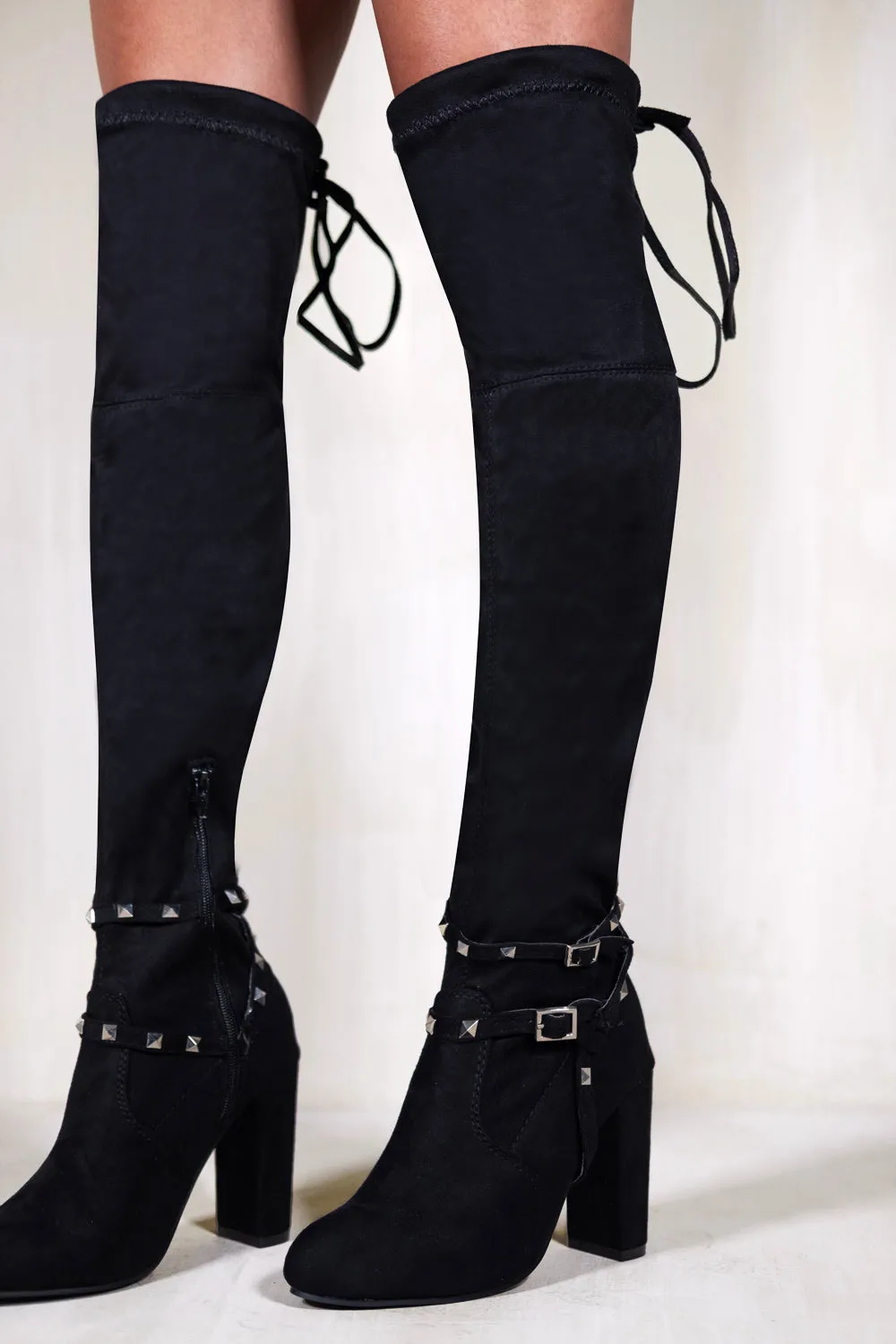 DIANE HIGH HEEL OVER THE KNEE BOOT WITH LACE UP & STUD DETAIL IN BLACK SUEDE