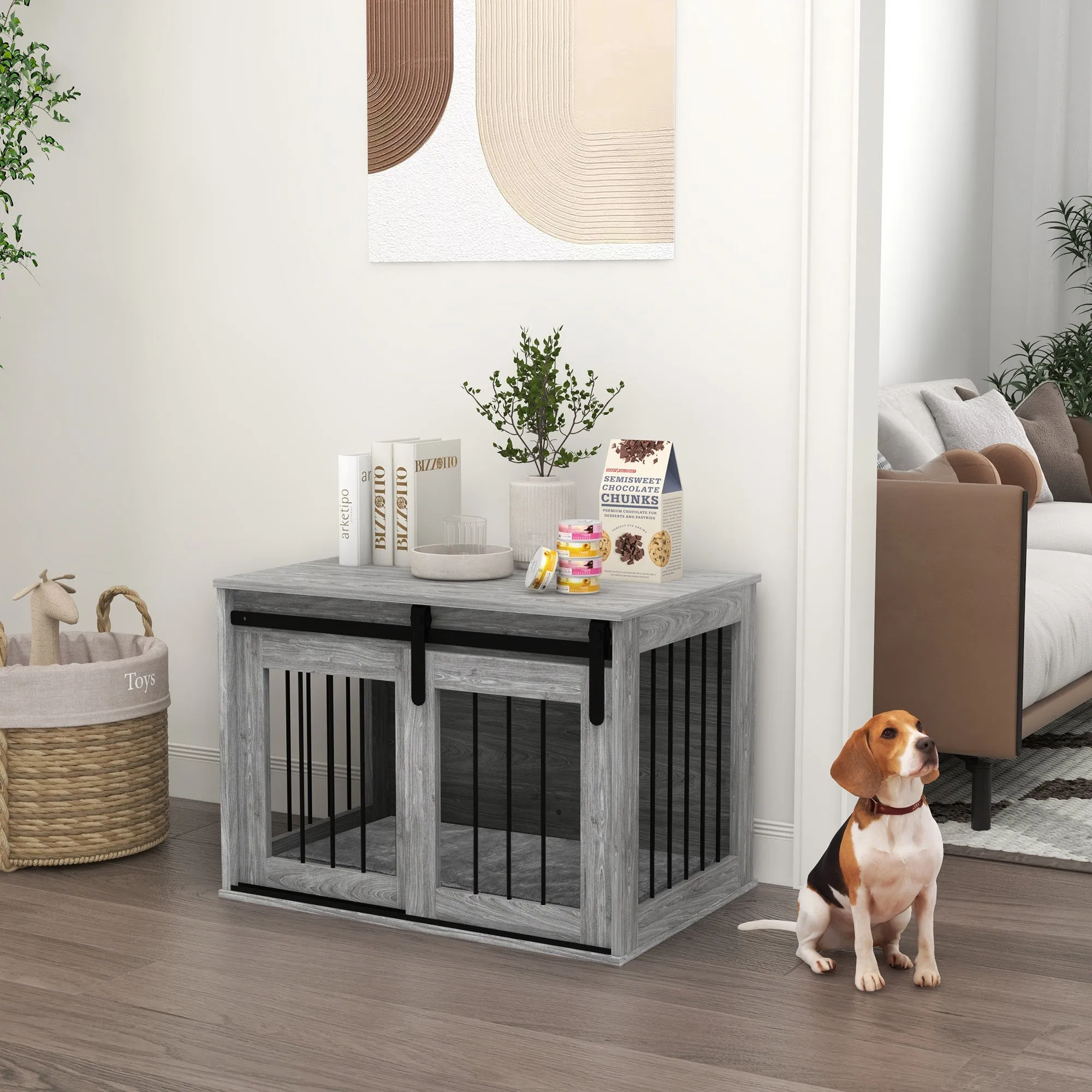 Dog Crate Furniture with Removable Cushion, for Medium Dogs - Grey