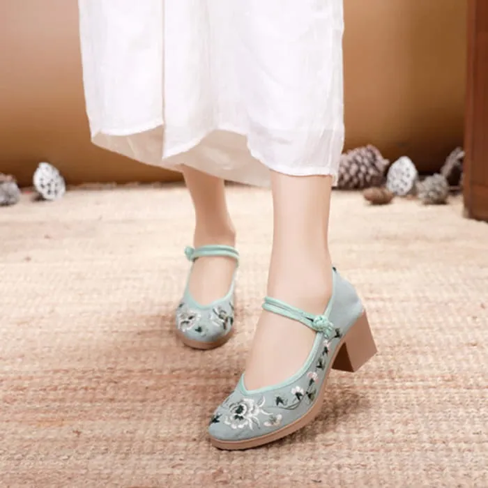 Elegant Floral Embroidery Buckle High Heel Shoes