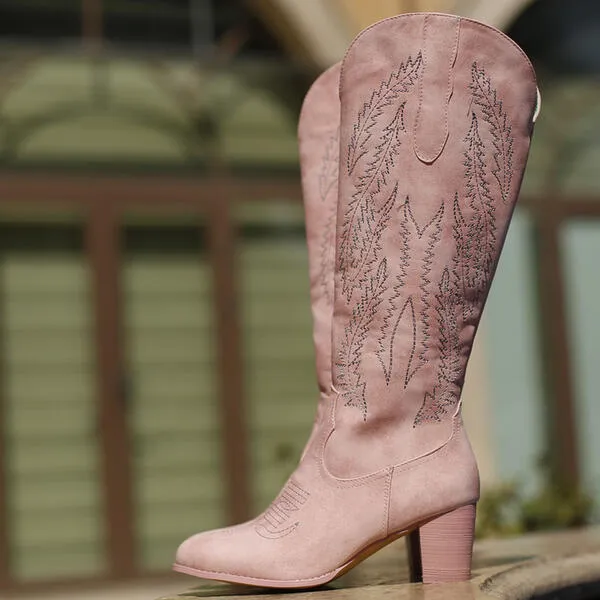 Embroidered Chunky Heel Women Wide Calf Pink Western Cowboy Boots