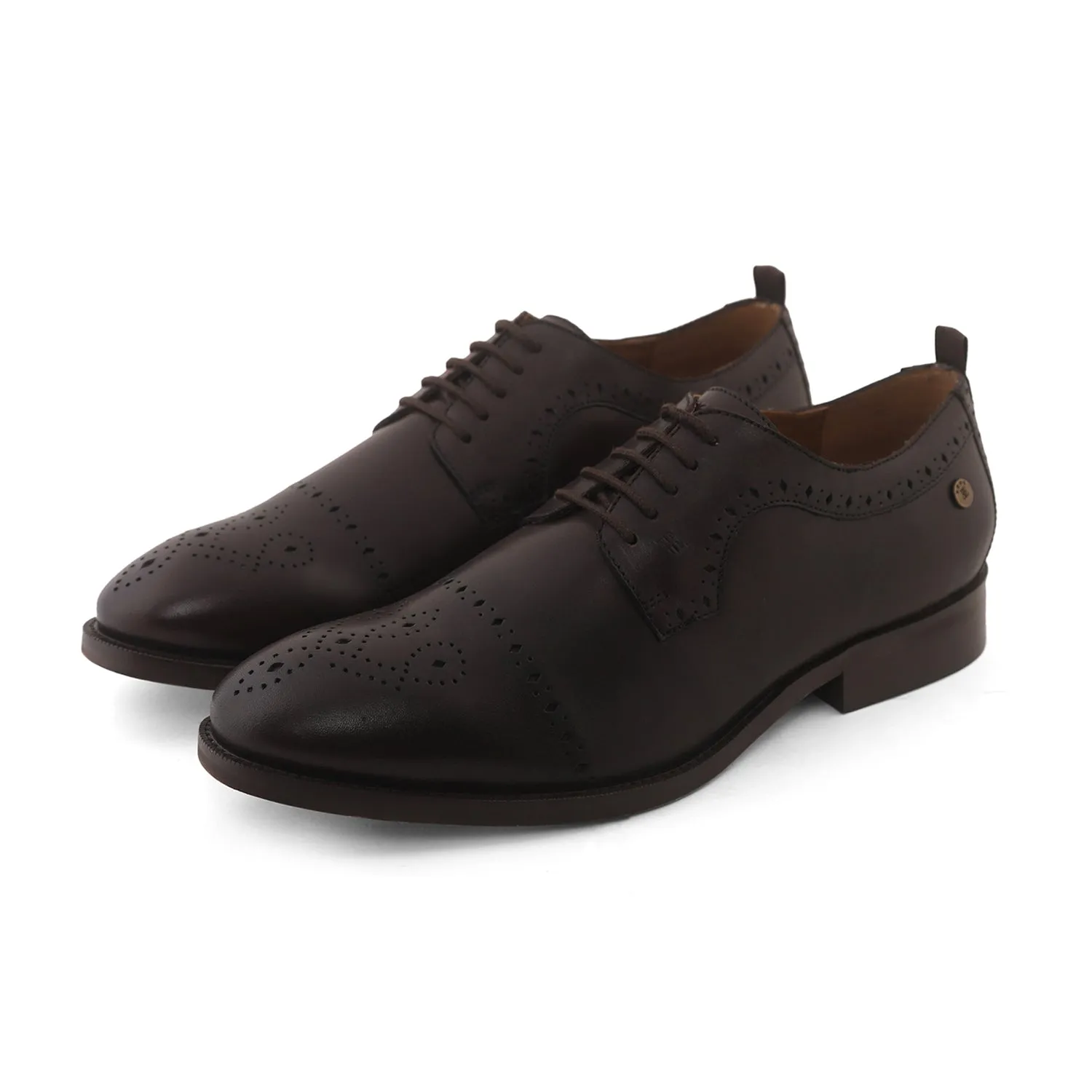 Ezok Men Brown Burnish Finish Perforated Leather Derby Shoes