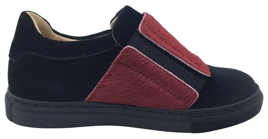 Fascani Boy's and Girl's Side Zip Slip-On Sneaker Shoes, Black Velvet/Red Pony Hair