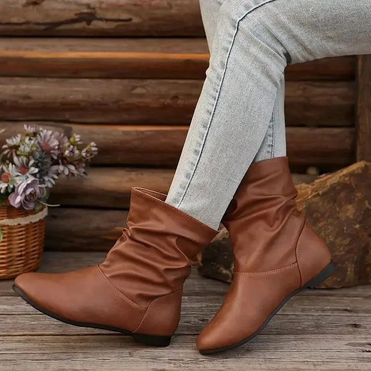 Fashion Round-toed Flat Boots Versatile Simple Slip-on Western Cowboy Boot Casual Short Shoes For Women Western boots