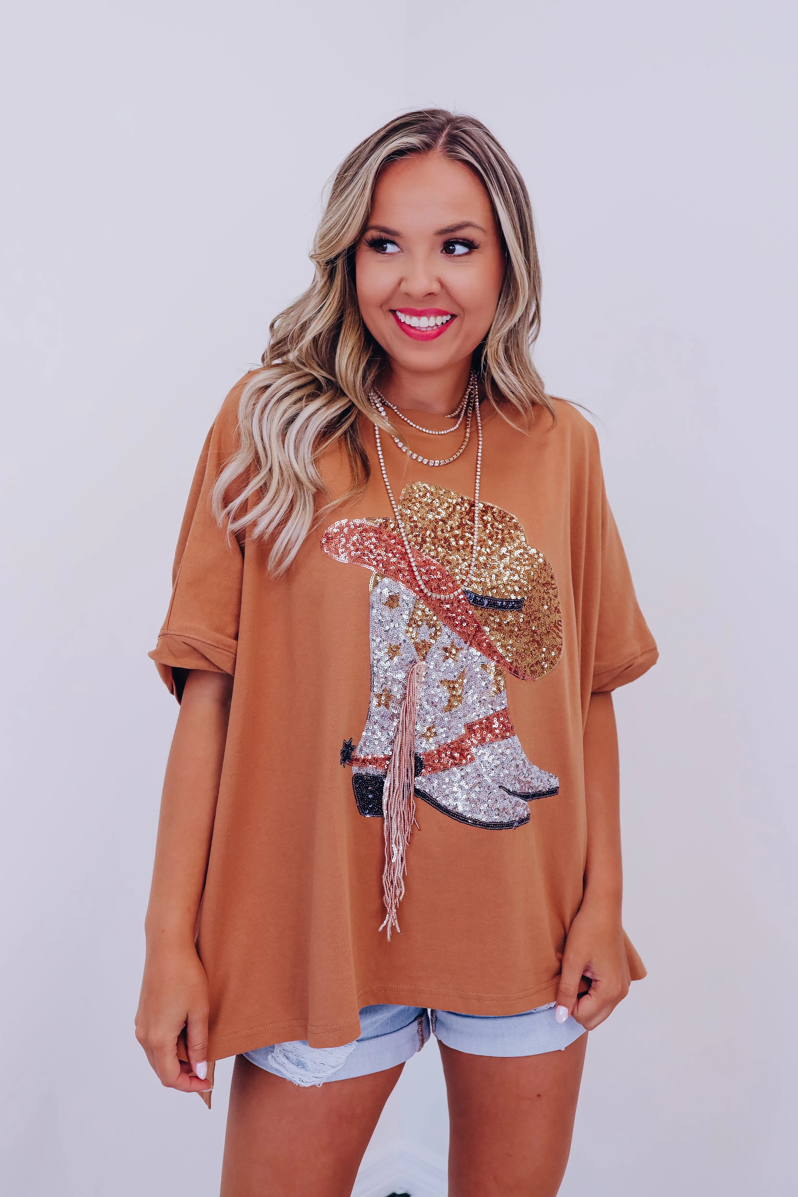 Fringe Cowgirl Boot Oversized Graphic Tee - Brown