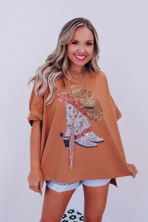 Fringe Cowgirl Boot Oversized Graphic Tee - Brown