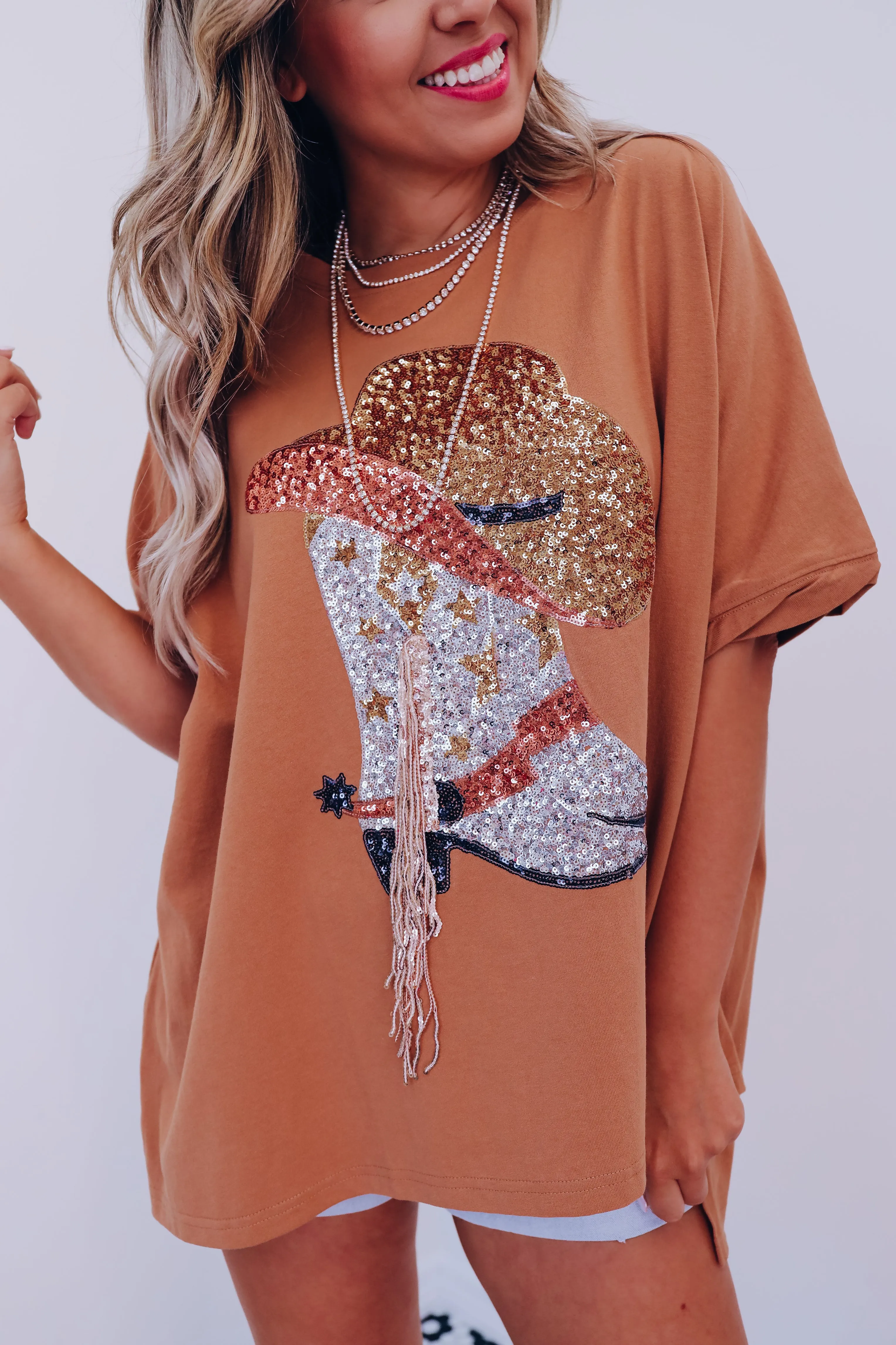 Fringe Cowgirl Boot Oversized Graphic Tee - Brown