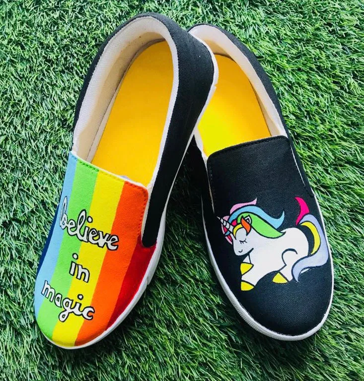 Funky N Trendy hand painted water resistant Unicorn theme slip on shoes/ handpainted shoes/ women shoes / funky shoes/ blue shoes / funky handpainted shoes