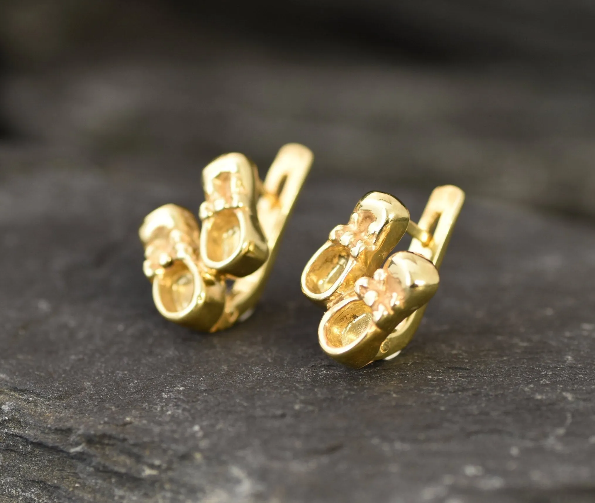 Gold Shoes Earrings - Baby Boots Studs, Ribbon Shoe Earrings