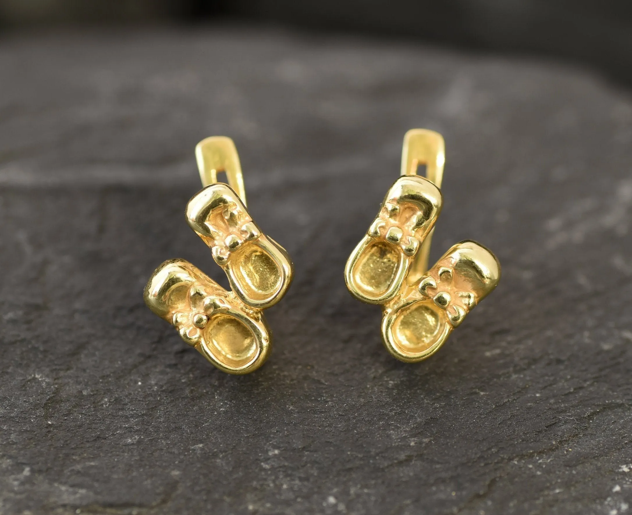 Gold Shoes Earrings - Baby Boots Studs, Ribbon Shoe Earrings