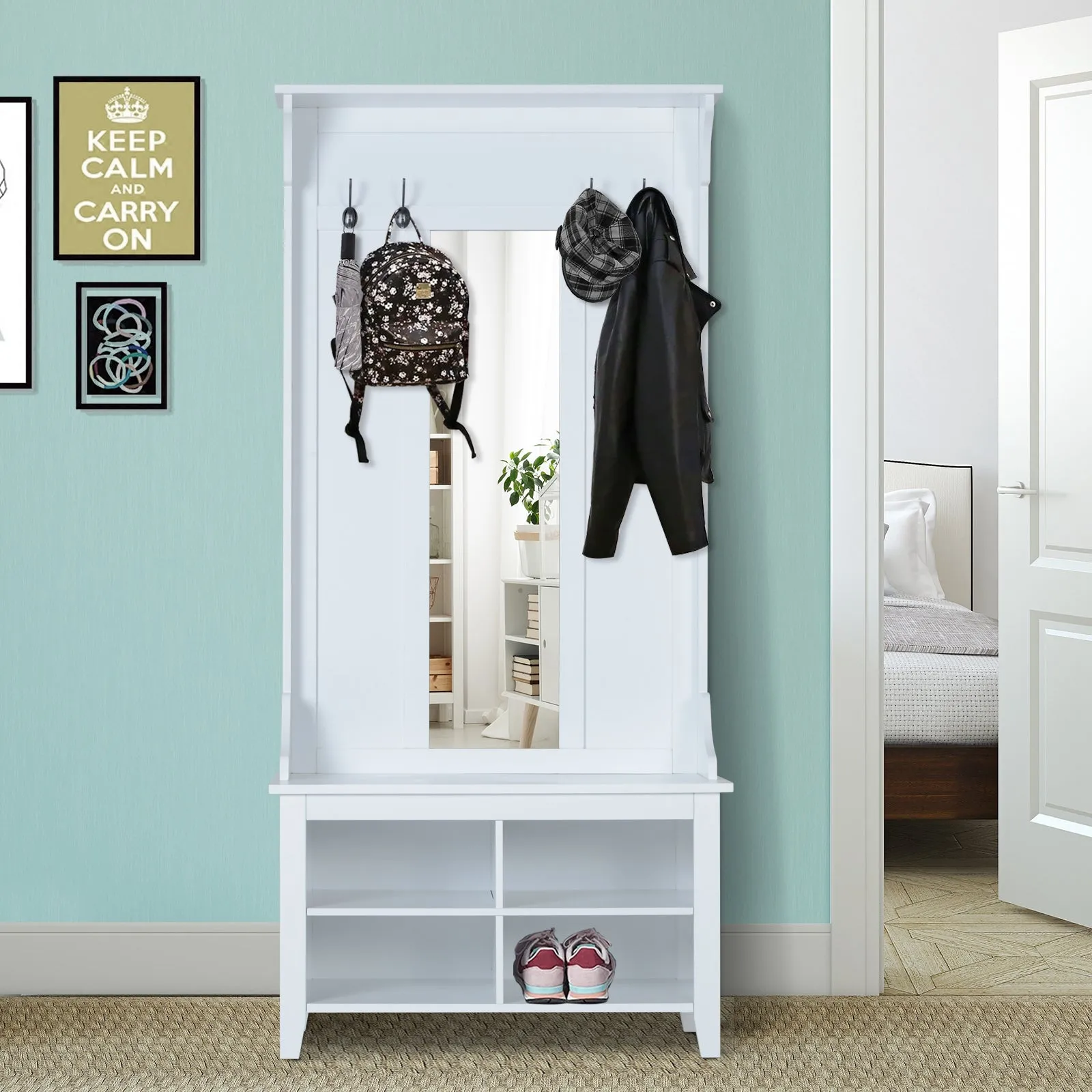 Hallway Furniture Set Shoe Bench Storage Mirror Cabinet Coat Rack Multiple Cubes Hangers Organiser Shelves w/ 4 Hooks