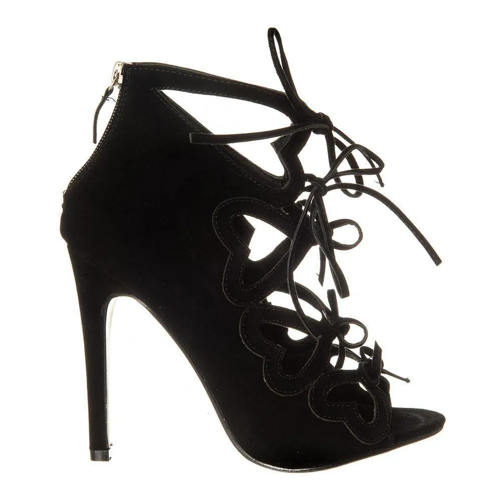 High Stiletto Heel Open Toe Ghillie Shoe With Heart Cut Outs And Bow Trim Eyelets