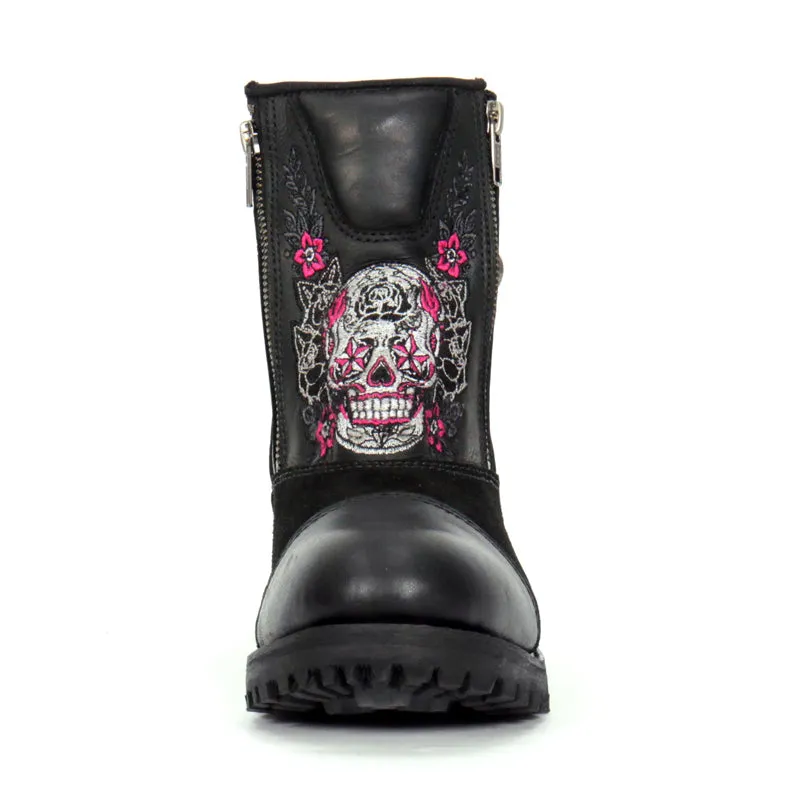 Hot Leathers BTL1009 Ladies Black Double Zip Sugar Skull Cap Toe