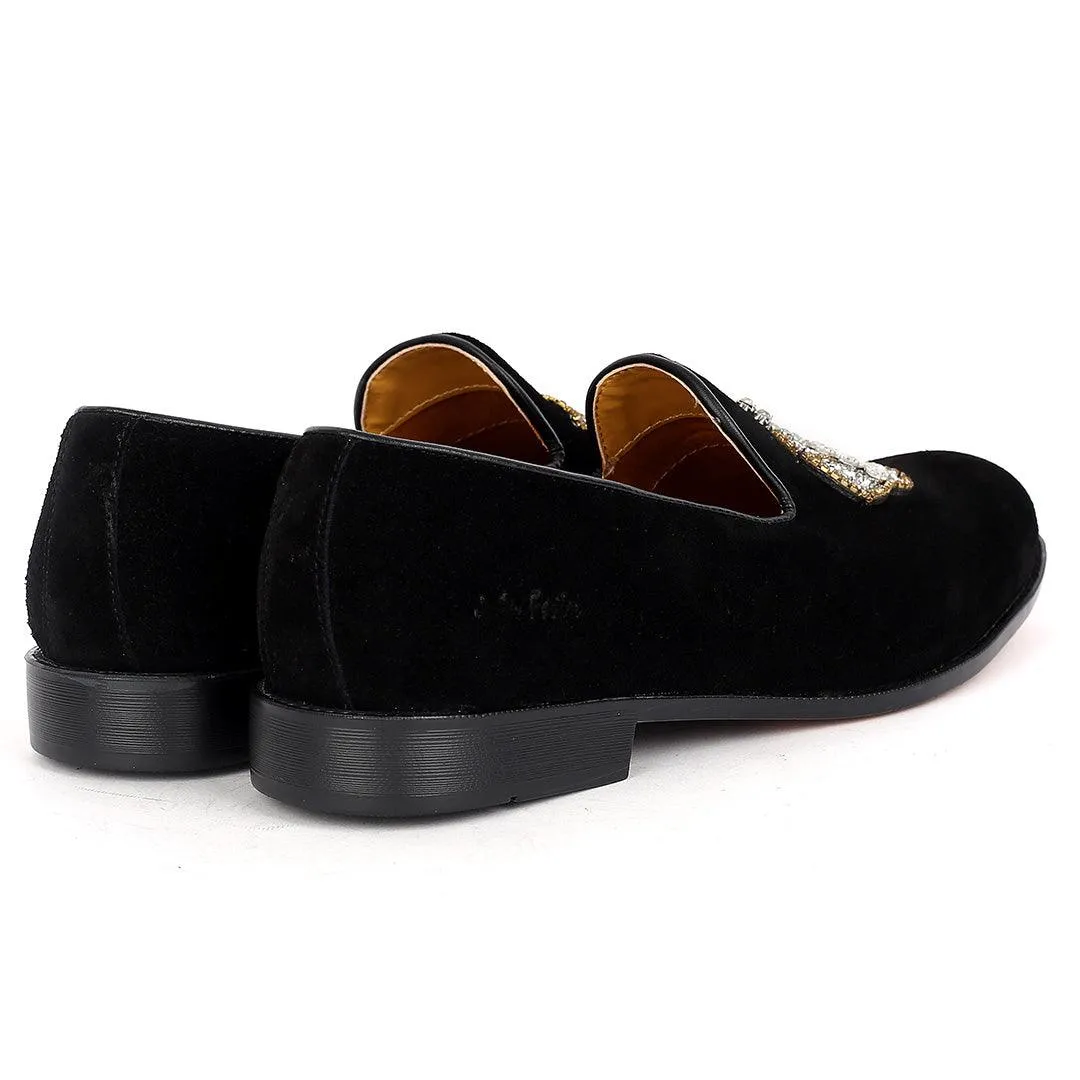 John Foster Classy Suede Leather With Stoned Royalty Crown Designed Shoe- Black