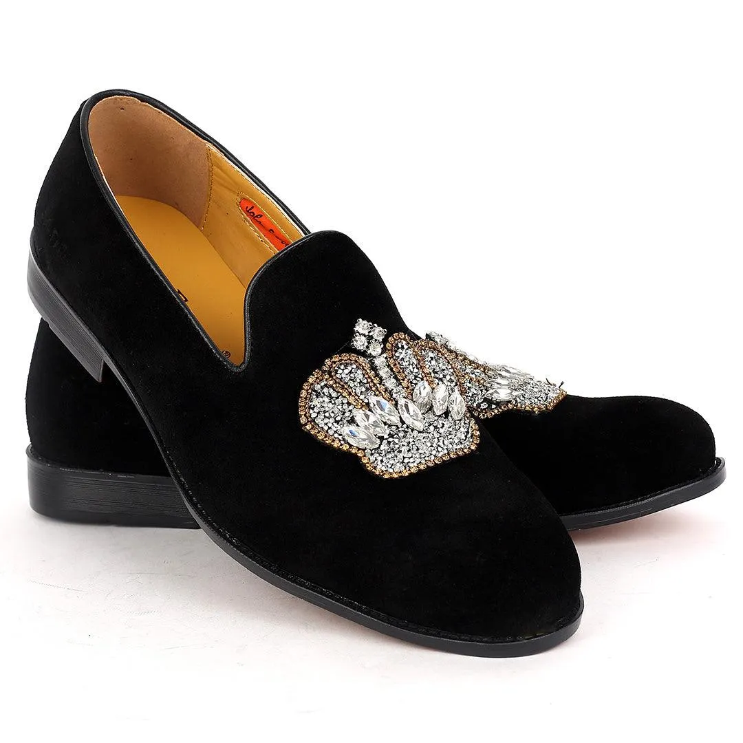 John Foster Classy Suede Leather With Stoned Royalty Crown Designed Shoe- Black