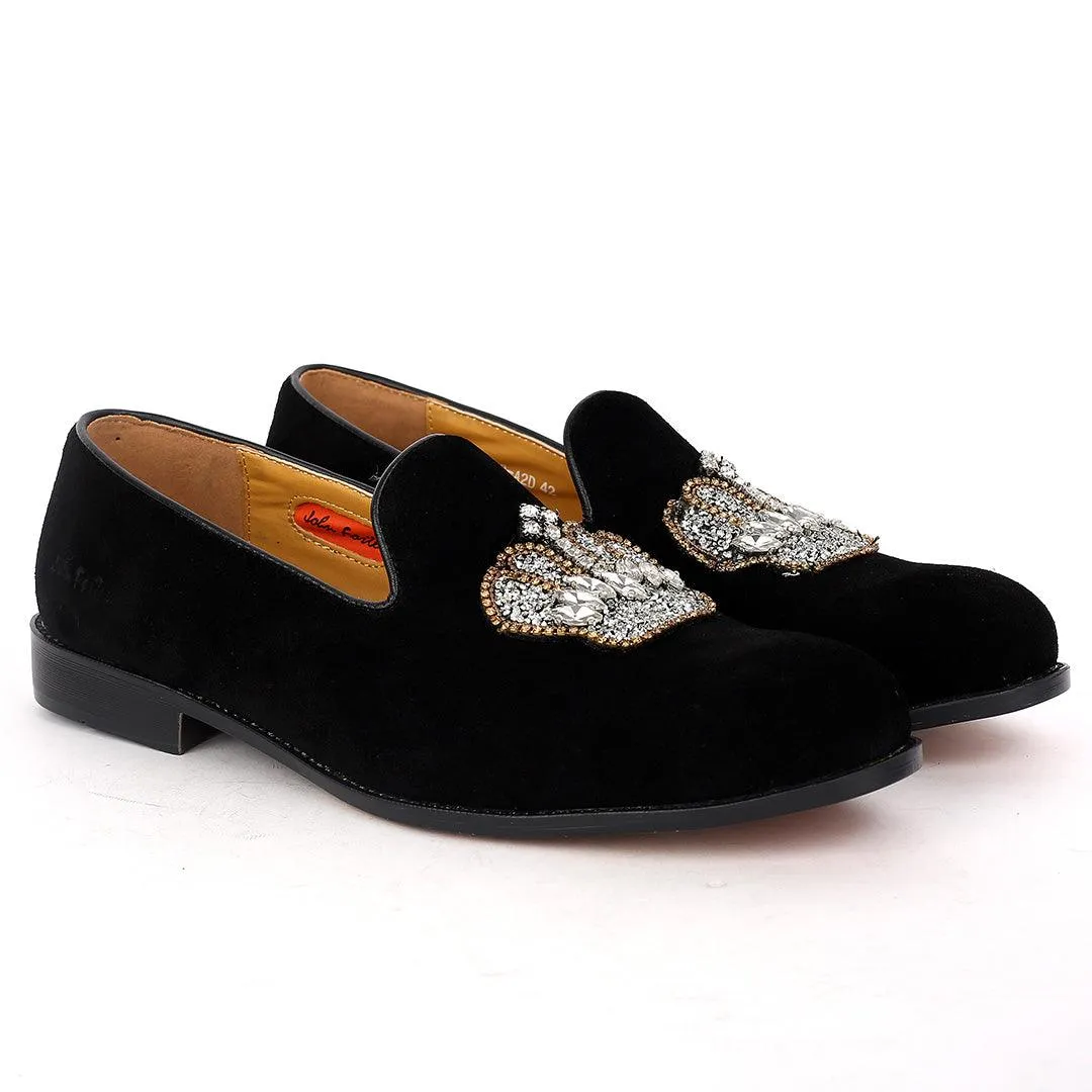 John Foster Classy Suede Leather With Stoned Royalty Crown Designed Shoe- Black