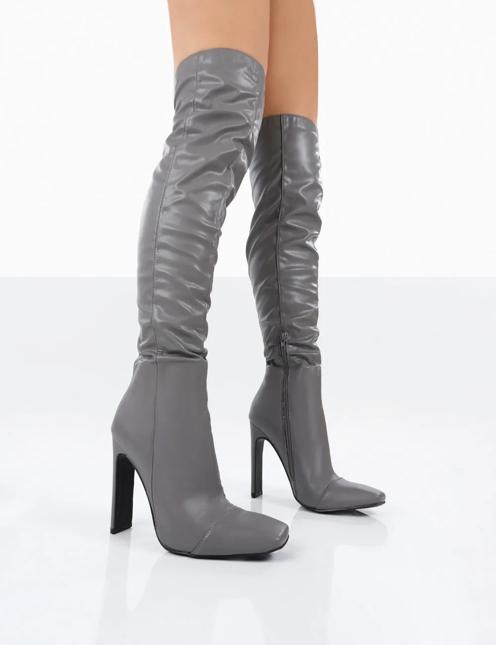 Kenza X Public Desire Pyrite Grey Patent over the Knee Heeled Boots