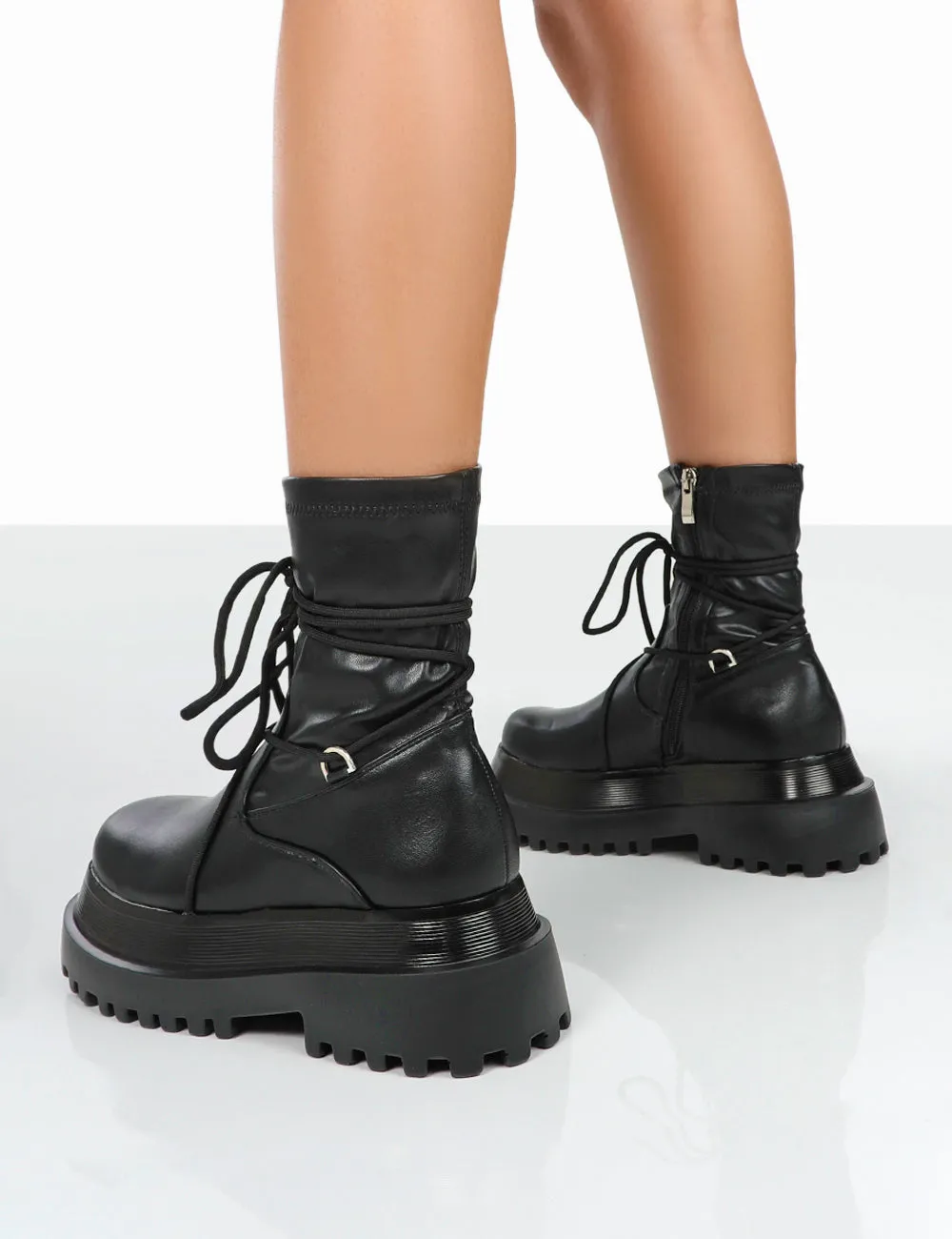 Klance Black Pu Chunky Sole Wrap Ankle Boots