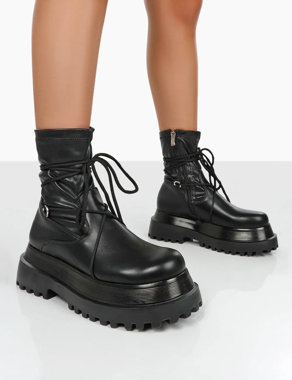 Klance Black Pu Chunky Sole Wrap Ankle Boots