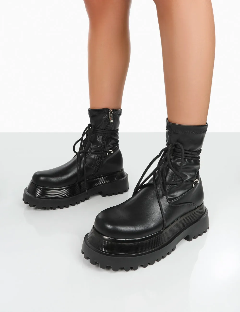 Klance Black Pu Chunky Sole Wrap Ankle Boots