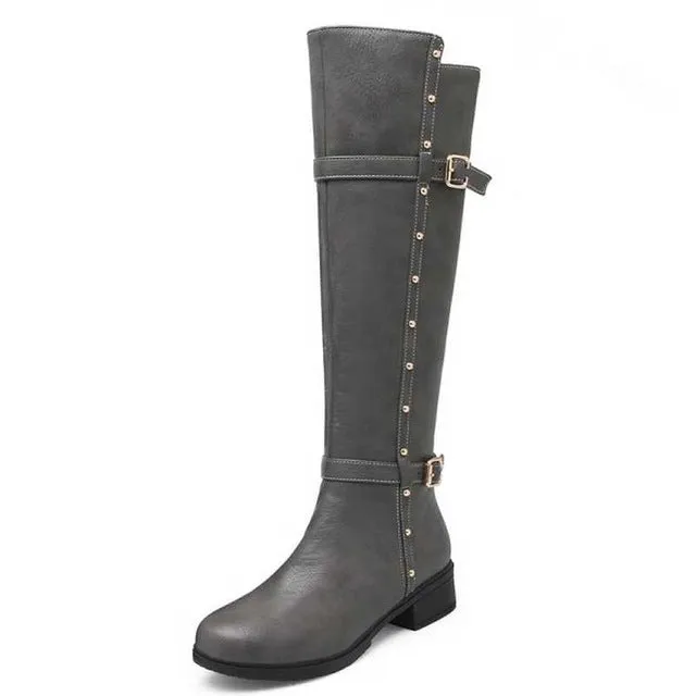 Knee High Rivets Buckle Straps Boots