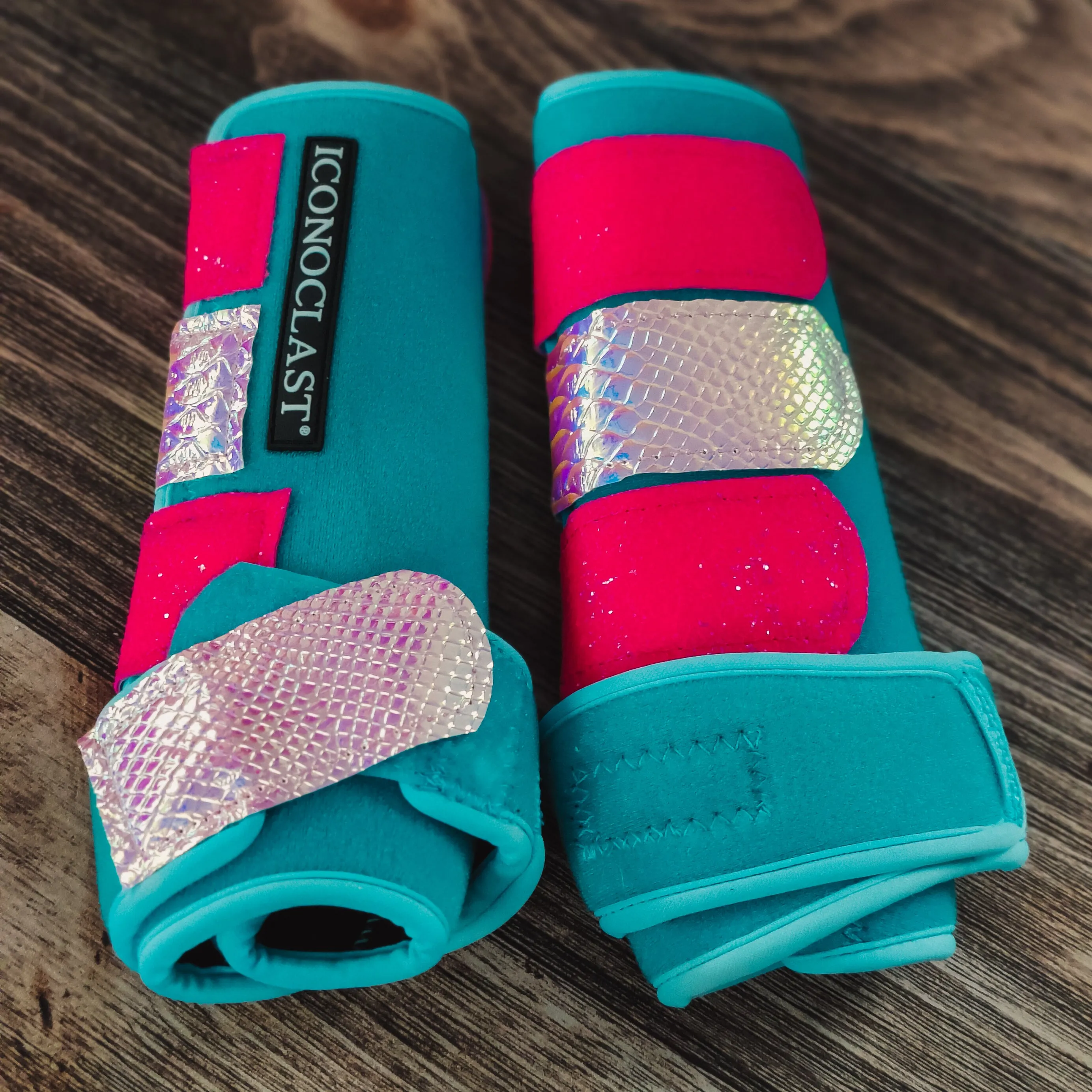 Medium Turquoise Dyed Iconoclast Fronts w/ Holographic and Pink Glitter Straps