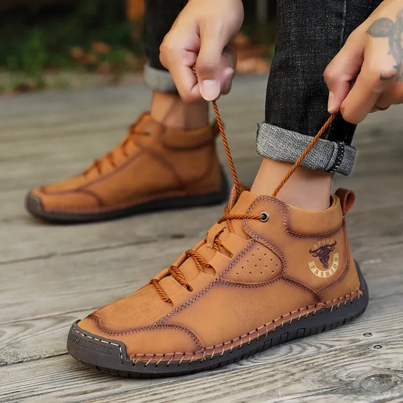 Men's Handmade Stitching Leather Shoes Non-Slip Soft Sole Casual Ankle Boots