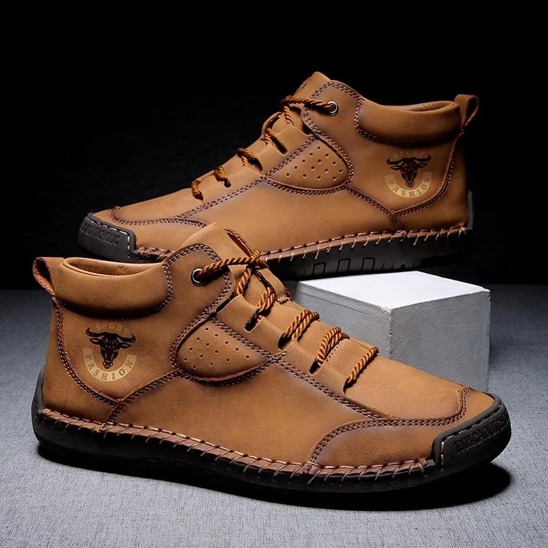 Men's Handmade Stitching Leather Shoes Non-Slip Soft Sole Casual Ankle Boots